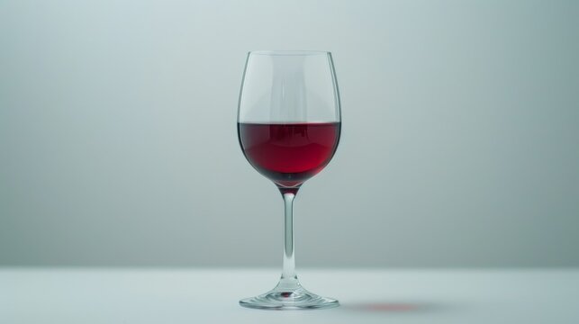 A single glass of red wine with a clear stem, centered and illuminated against a soft gray background, embodying sophistication.