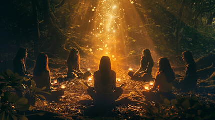An image of a person sitting in a circle with others, sharing stories and wisdom as they connect with the universal truths that unite us all - obrazy, fototapety, plakaty