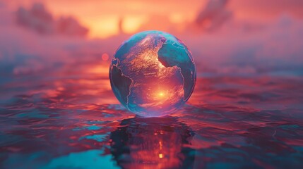 The serene beauty of a glowing Earth globe is magnified as it reflects on the water's surface, under the captivating colors of a sunset sky.
