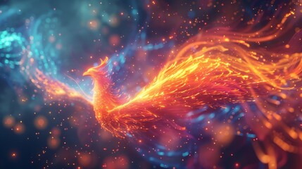 A mythical phoenix is reborn from a nebula of ethereal flames, symbolizing rebirth and immortality in a dynamic, abstract composition.