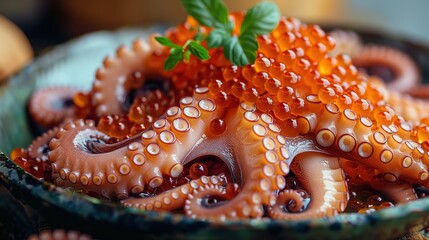 Octopus in a plate with red caviar	
