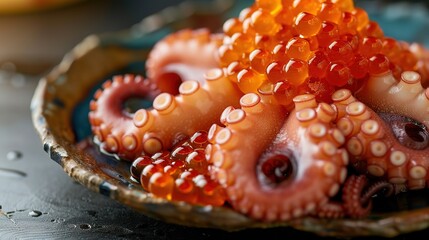 Octopus in a plate with red caviar	
