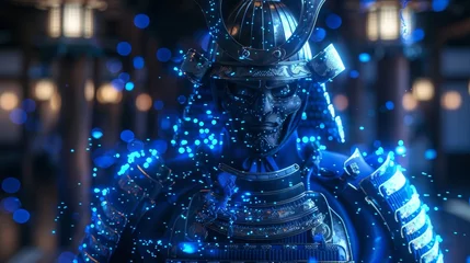 Deurstickers Enveloped in a cascade of ethereal blue lights, this samurai armor stands as a bridge between the ancient traditions and the digital era. © Sodapeaw