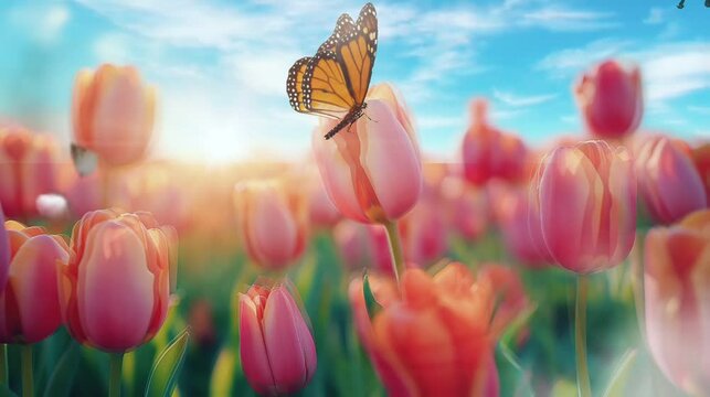 A field of tulips in different color under a blue sky on spring season and butterfly.