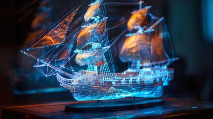 A model ship encased in a glass display emanates a warm, amber glow with a wireframe design, merging nautical history with modern art.