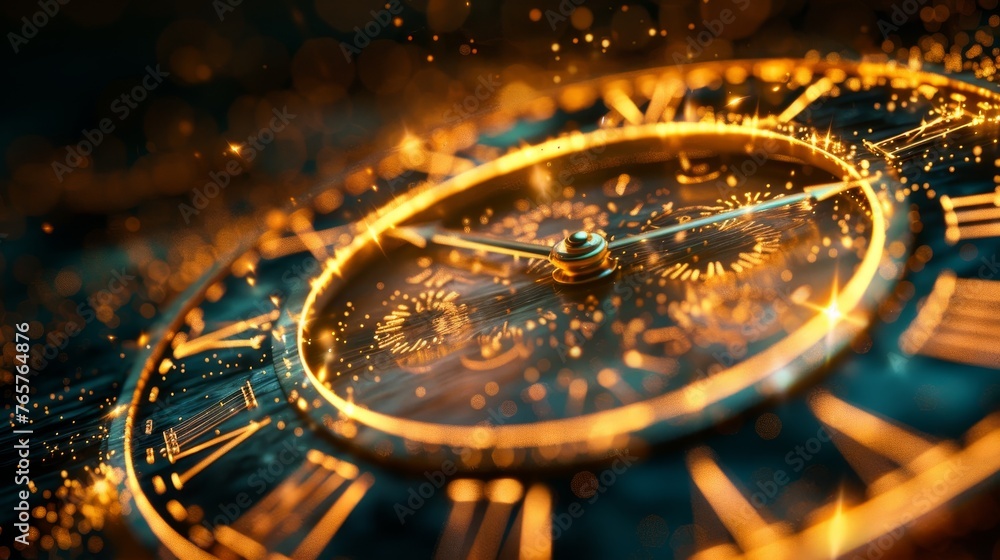 Poster An artistic rendition of a golden clock with shimmering light effects, representing the concept of time.