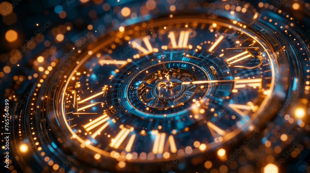Poster macro shot of a sophisticated watch displaying a futuristic design and illuminated by golden highlig