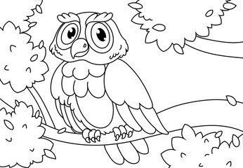 Coloring Pages Birds theme. Little cute owl sits on the branch and smiles. Printable Coloring Pages Outline black and white.