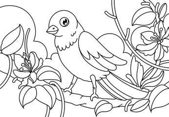 Obraz premium Coloring Pages Birds theme. Cute little bird sits on the branch and smiles. Printable Coloring Pages Outline black and white.