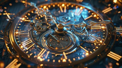 Close-up view of the intricate inner mechanics of a watch, highlighted by a dramatic blue and golden glow.