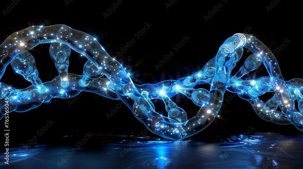 Poster an artistic representation of a dna double helix glowing in blue with sparkling light points on a da