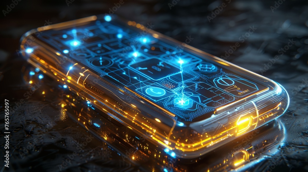 Poster an advanced concept smartphone displaying a holographic user interface, glowing with blue and orange