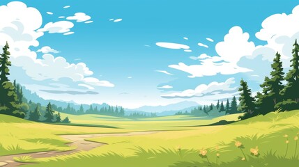 Obraz premium landscape with mountains with blue sky clouds wallpaper. Cartoon illustration of a road in a field with mountain and clouds. A mountain with road and blue sky. mountain Landscape with Blue Sky.