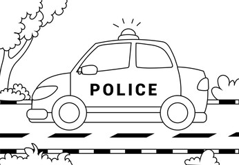 Coloring Pages of police car in the road. Printable Coloring Pages Outline black and white. © Alvian