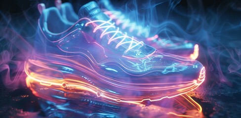 A pair of high-tech sneakers emits a vibrant neon glow, encapsulating a fusion of fashion and futuristic design.
