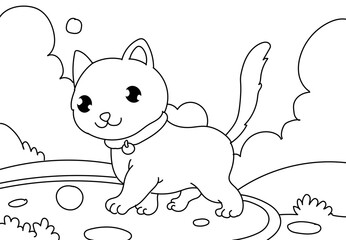 coloring pages of funny kitten playing with a ball. Printable Coloring Pages Outline black and white.