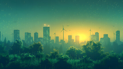 a city skyline with wind turbines, birds flying in the foreground, and lush greenery in the background.