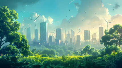 a city skyline with wind turbines, birds flying in the foreground, and lush greenery in the background. - obrazy, fototapety, plakaty