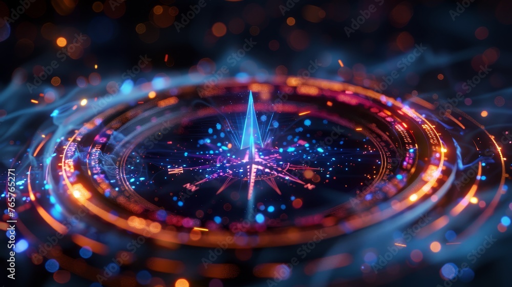 Poster advanced holographic display technology emitting sparkling light particles, suggesting cutting-edge 