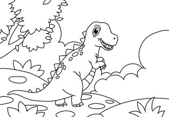 Coloring Pages Cute Tyrannosaurus Dinosaur playing guitar. Printable Coloring book Outline black and white.