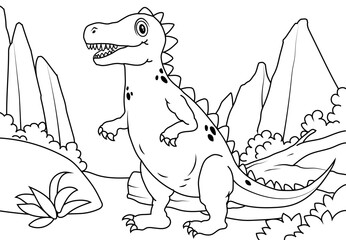Coloring Pages Cute Giganotosaurus Dinosaur of meadows, trees, mountains and clouds. Printable Coloring book Outline black and white.