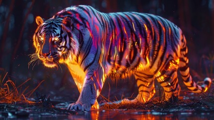 A striking tiger glows with a radiant, holographic outline against the shadowy backdrop of an enchanted forest at dusk.