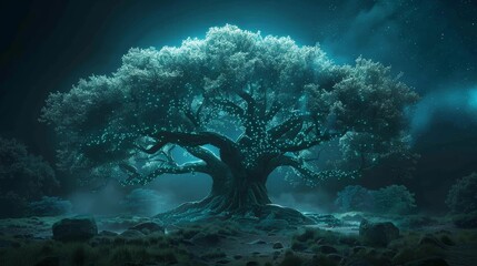 An ethereal tree radiates with mystical blue lights, creating a serene and magical atmosphere in a tranquil nocturnal forest. - obrazy, fototapety, plakaty