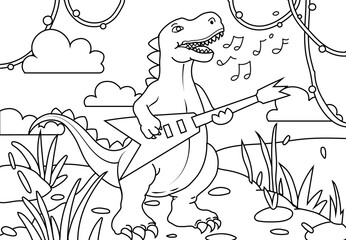 Coloring Pages Cute Tyrannosaurus Dinosaur playing guitar. Printable Coloring book Outline black and white.