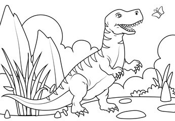 Coloring Pages Cute Tyrannosaurus Dinosaur of meadows, trees, mountains and clouds. Printable Coloring book Outline black and white.