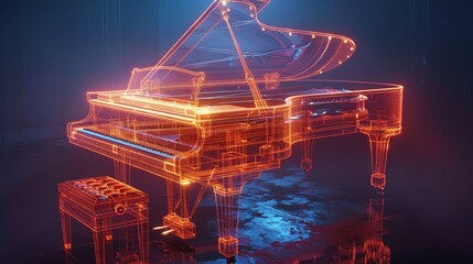 A wireframe grand piano glows with neon lights, creating a striking visual representation of music and technology fusion.