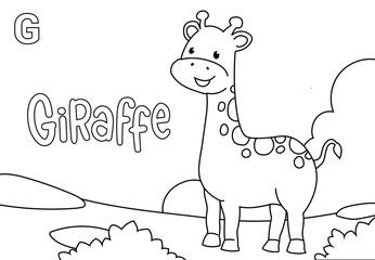 Coloring Pages of Cute Giraffe with a backdrop of grasslands, mountains and trees. Printable Coloring book Outline black and white.
