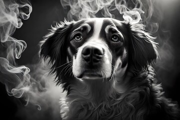 Gros plan d'un chien entouré de fumée en noir et blanc - obrazy, fototapety, plakaty