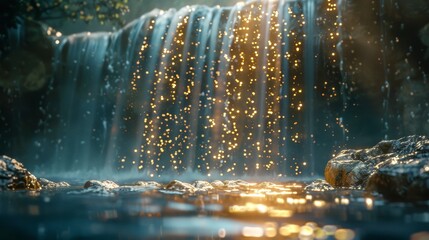 Golden light particles shower over a serene waterfall, casting a warm, ethereal glow on the tranquil waters below.