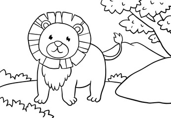 Coloring Pages of Cute Lion with a backdrop of grasslands, mountains and trees. Printable Coloring book Outline black and white.