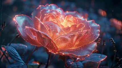 A single rose radiates with an otherworldly glow, its edges outlined by twinkling sparkles in the mystical twilight ambiance.