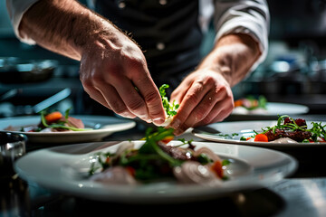 a chef's hands meticulously plating a dish, arranging ingredients with precision and artistic flair - obrazy, fototapety, plakaty