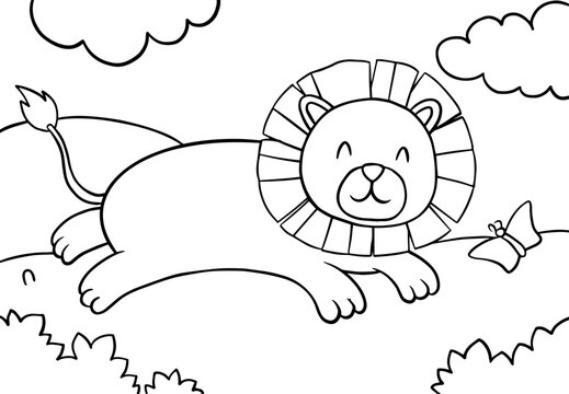 Coloring Pages of Cute Lion with a backdrop of grasslands, mountains and trees.