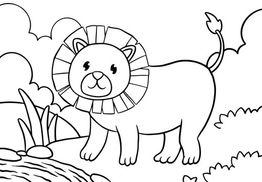 Coloring Pages of Cute Lion with a backdrop of grasslands, mountains and trees. Printable Coloring book Outline black and white.