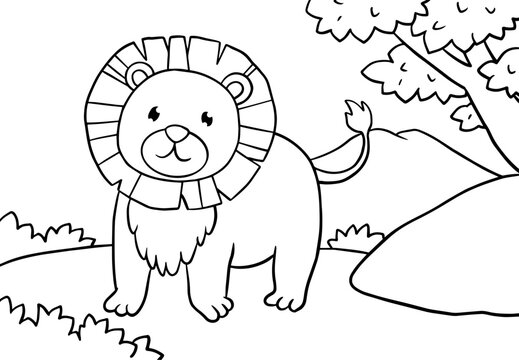 Coloring Pages of Cute Lion with a backdrop of grasslands, mountains and trees. Printable Coloring book Outline black and white.