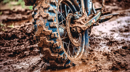 A dirty motorcycle tire is shown in mud. The tire is covered in mud and dirt, and it is in a muddy...
