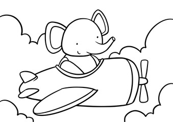 Pilot Elephant on Plane, Children Coloring Page. Printable Coloring book Outline black and white.