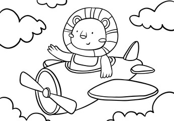 Pilot Lion on Plane, Children Coloring Page. Printable Coloring book Outline black and white.