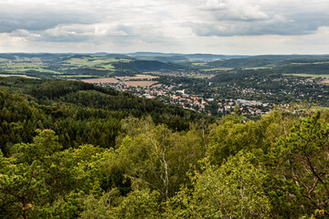 Fototapeta na wymiar Aerial view of Berounka river valley with Revnice town, Czech Republic