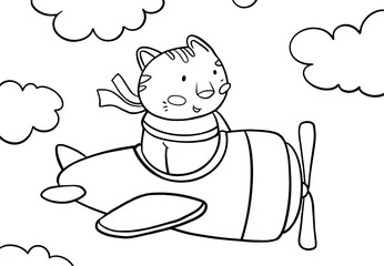 Pilot Cat on Plane, Children Coloring Page. Printable Coloring book Outline black and white.