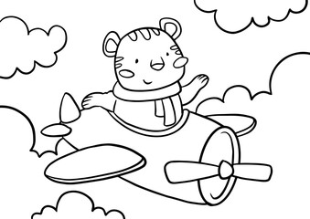 Pilot Tiger on Plane, Children Coloring Page. Printable Coloring book Outline black and white.