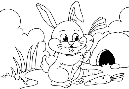 Coloring Page Outline Of cartoon cute bunny or rabbit with carrot. Animals. Printable Coloring Book for kids.