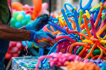 a street performer's hands manipulating colorful balloons into intricate shapes and sculptures - obrazy, fototapety, plakaty