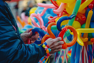 a street performer's hands manipulating colorful balloons into intricate shapes and sculptures - obrazy, fototapety, plakaty