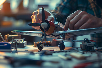 a person's hands assembling a model airplane