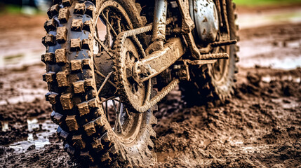 Fototapeta na wymiar A dirty motorcycle tire is shown in mud. The tire is covered in mud and dirt, and it is in a muddy field